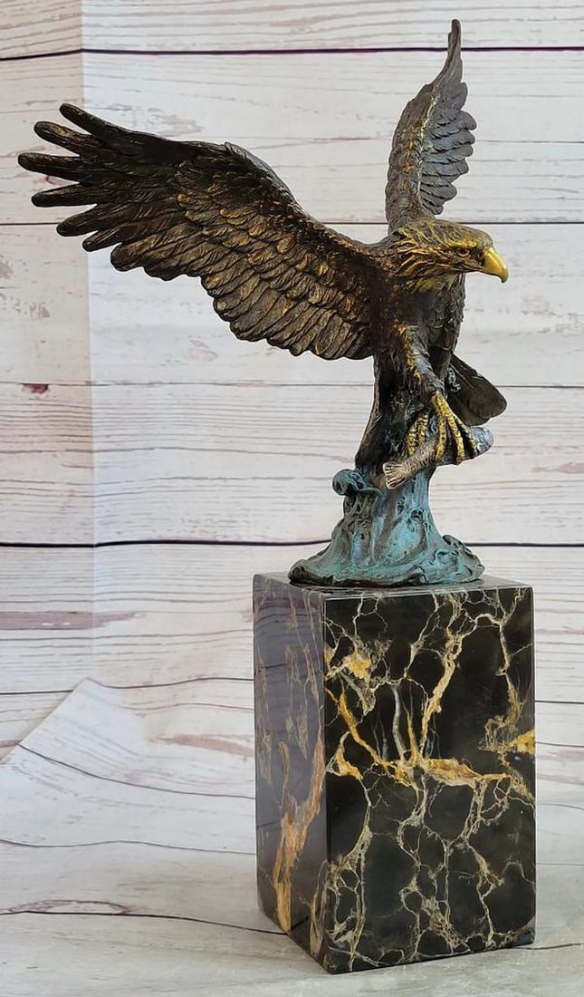 Flying Eagle Catching Fish Bronze Sculpture on Marble Base - 14" x 8" (1 of 6)