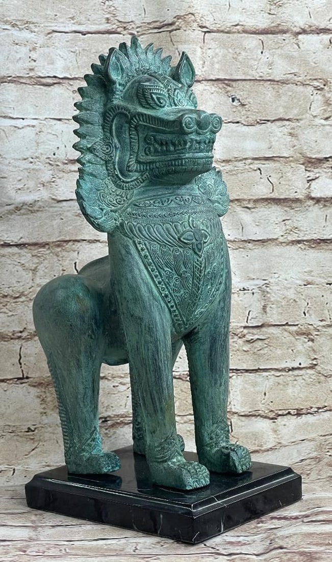 Chinese Guardian Foo Dog Green Patina Bronze Sculpture - 13" x 6": Chinese Guardian Foo Dog Green Patina Bronze Sculpture - 13" x 6" Presenting a captivating bronze sculpture of a "Foo Dog" - the revered Chinese guardian lions, also known as Imperial