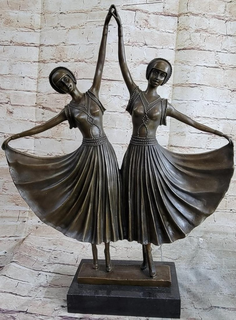 D.H. Chiparus Inspired Russian Dancing Twins Bronze Sculpture- 22" x 16"- 28lbs: D.H. Chiparus Inspired Russian Dancing Twins Bronze Sculpture- 22" x 16"- 28lbs This is an excellently symmetrical sculpture of two Russian dancers. Their hands touch as they both fan out