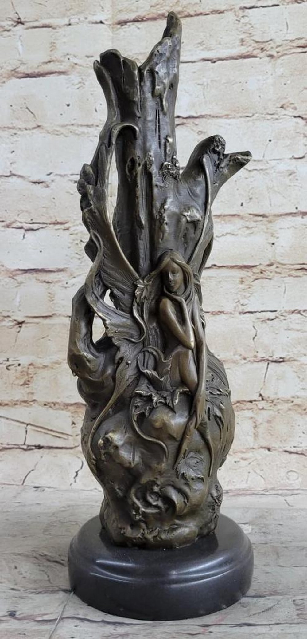 Enchanting Fairy Maiden Original Bronze Art Sculpture Vase on Marble Base - 14.5" x 7": Enchanting Fairy Maiden Original Bronze Art Sculpture Vase on Marble Base - 14.5" x 7" The petite bronze fairy gracefully perches, seamlessly blending into a tree stump as the evening settles 