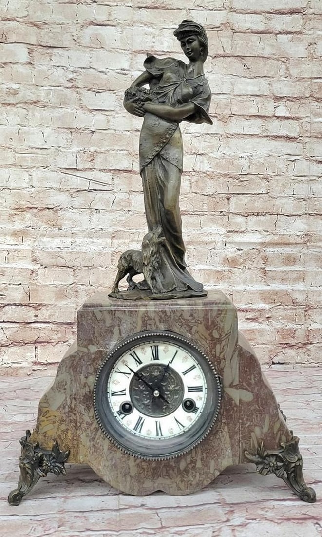 French Marble Figural Woman with Dog Mantle Clock by A. Moreau - 21" x 13": French Marble Figural Woman with Dog Mantle Clock by A. Moreau - 21" x 13" The French Marble Figural Woman with Dog Mantle Clock is a remarkable sculpture that combines artistry and