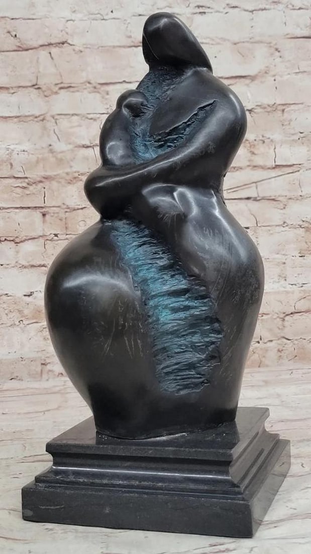 Mother and Child in Green Patina Bronze Sculpture Inspired by Botero on Marble Base - 14" x 6": Mother and Child in Green Patina Bronze Sculpture Inspired by Botero on Marble Base - 14" x 6" Celebrate the profound bond of motherhood with the exquisite "Eternal Embrace: Mother and
