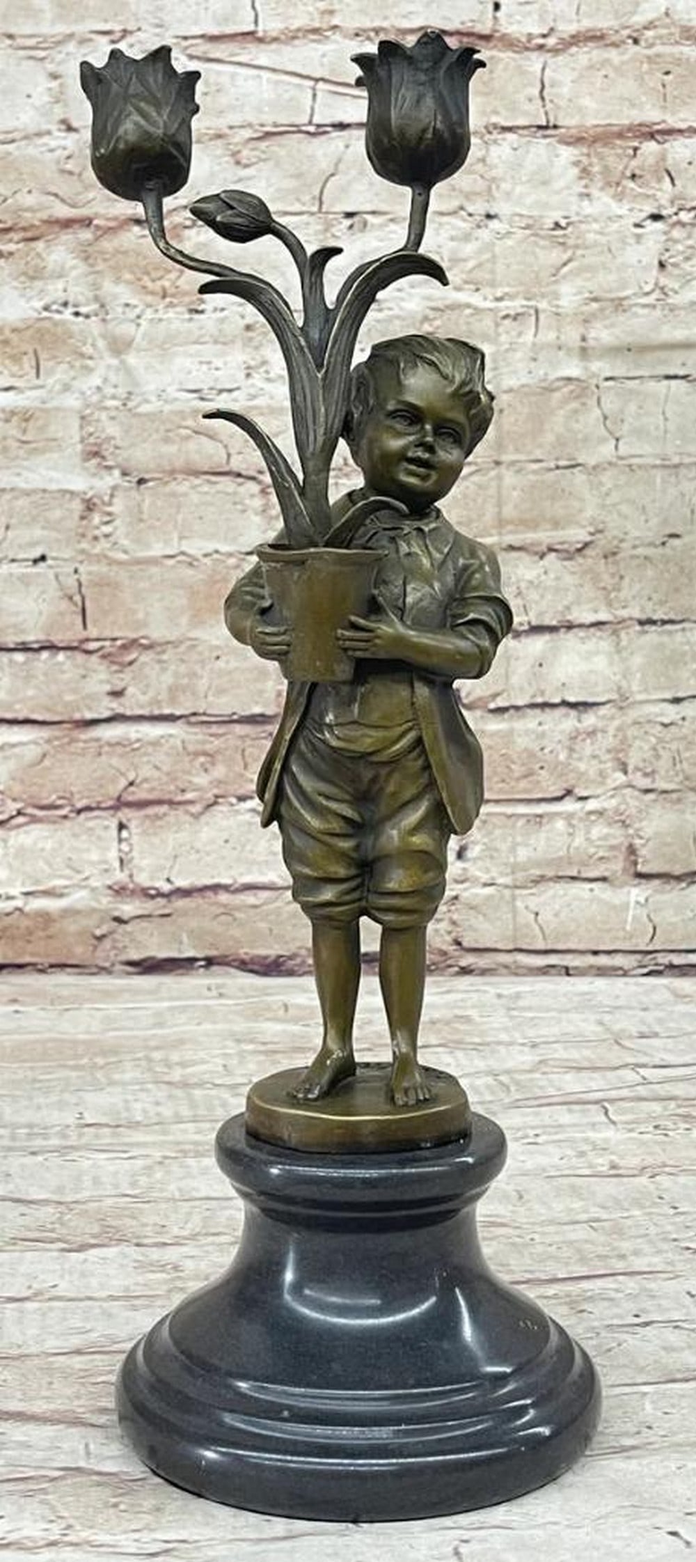 Young Boy with Tulip Candle Holder Vase Original Bronze Sculpture by Aldo Vitaleh - 14.5" x 5": Young Boy with Tulip Candle Holder Vase Original Bronze Sculpture by Aldo Vitaleh - 14.5" x 5" : Immerse yourself in the beauty of this exquisite bronze sculpture, a stunning creation by the r