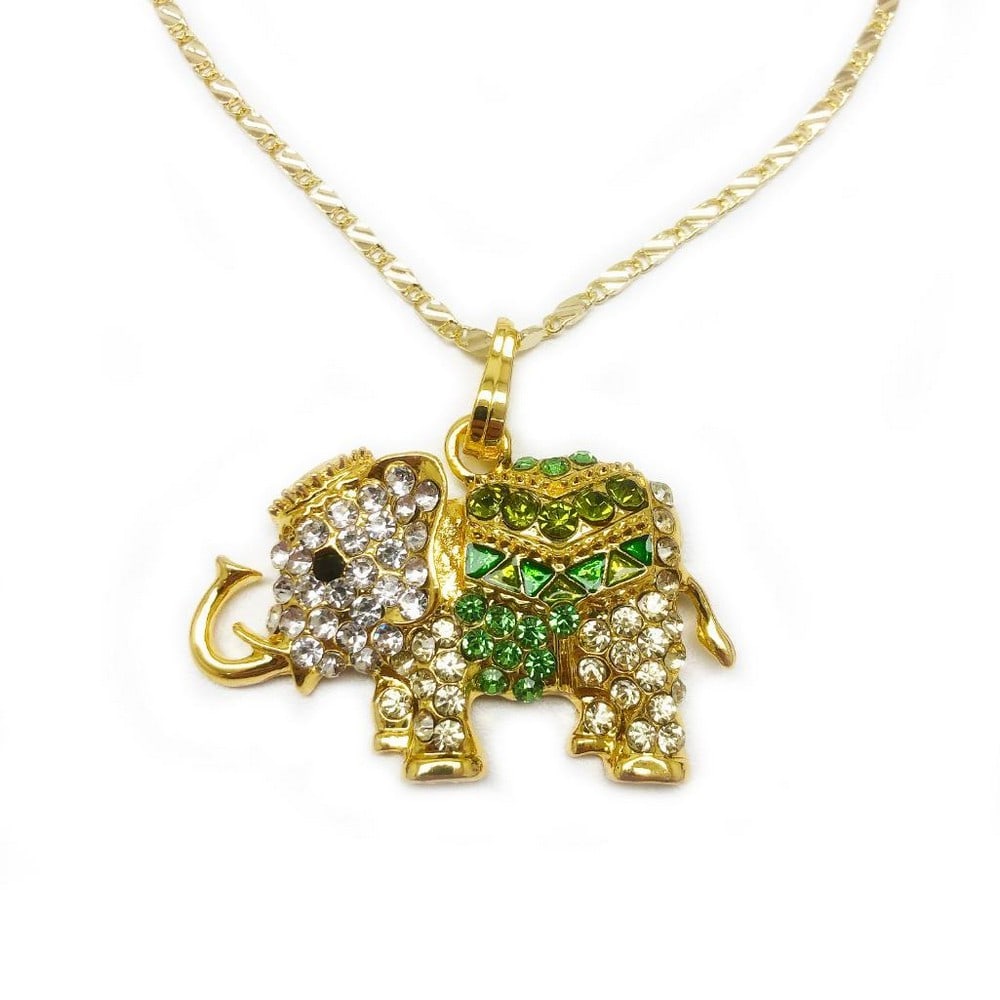 Bejeweled Green & Gold Elephant Rhinestone Pendant: Bejeweled Green & Gold Elephant Rhinestone Pendant This charming pendant features a beautifully detailed elephant embellished with sparkling rhinestones. The rich colors and radiant finish give it a l