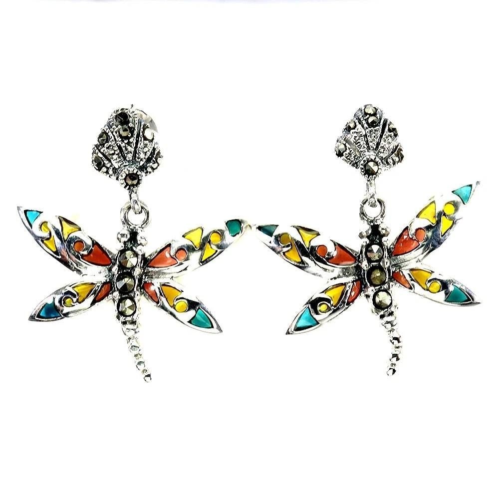 925 Sterling Silver Dragonfly Earrings with Marcasite: 925 Sterling Silver Dragonfly Earrings with Marcasite These earrings are crafted in 925 sterling silver and feature a dragonfly motif accented with round cut marcasite gemstones and enamel detailing.