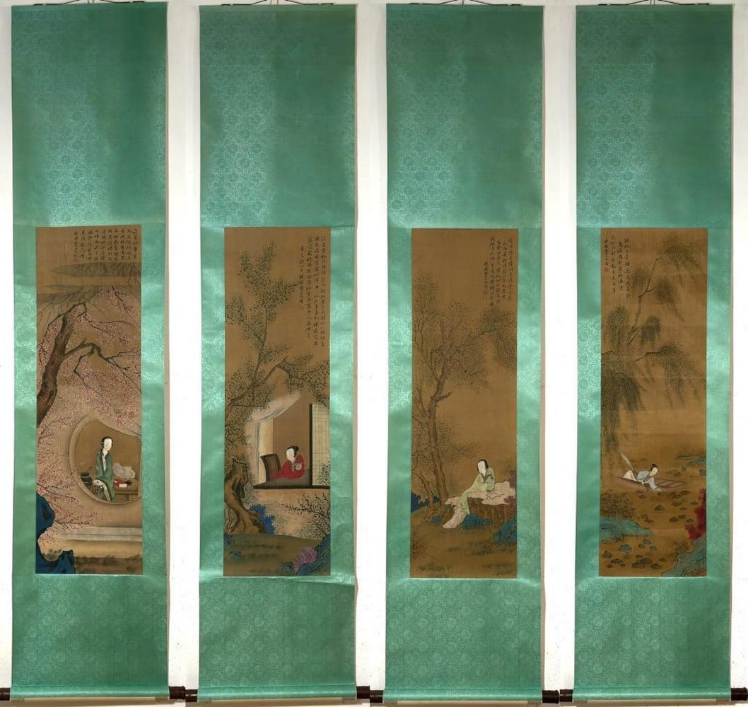 Qing Dynasty Fei Danxu 'Lady' Painting Silk Scroll: Qing Dynasty Fei Danxu 'Lady' Painting Silk Scroll A finely executed silk scroll from the Qing Dynasty by the renowned artist Fei Danxu, depicting an elegant lady in a graceful pose. The delicate brus