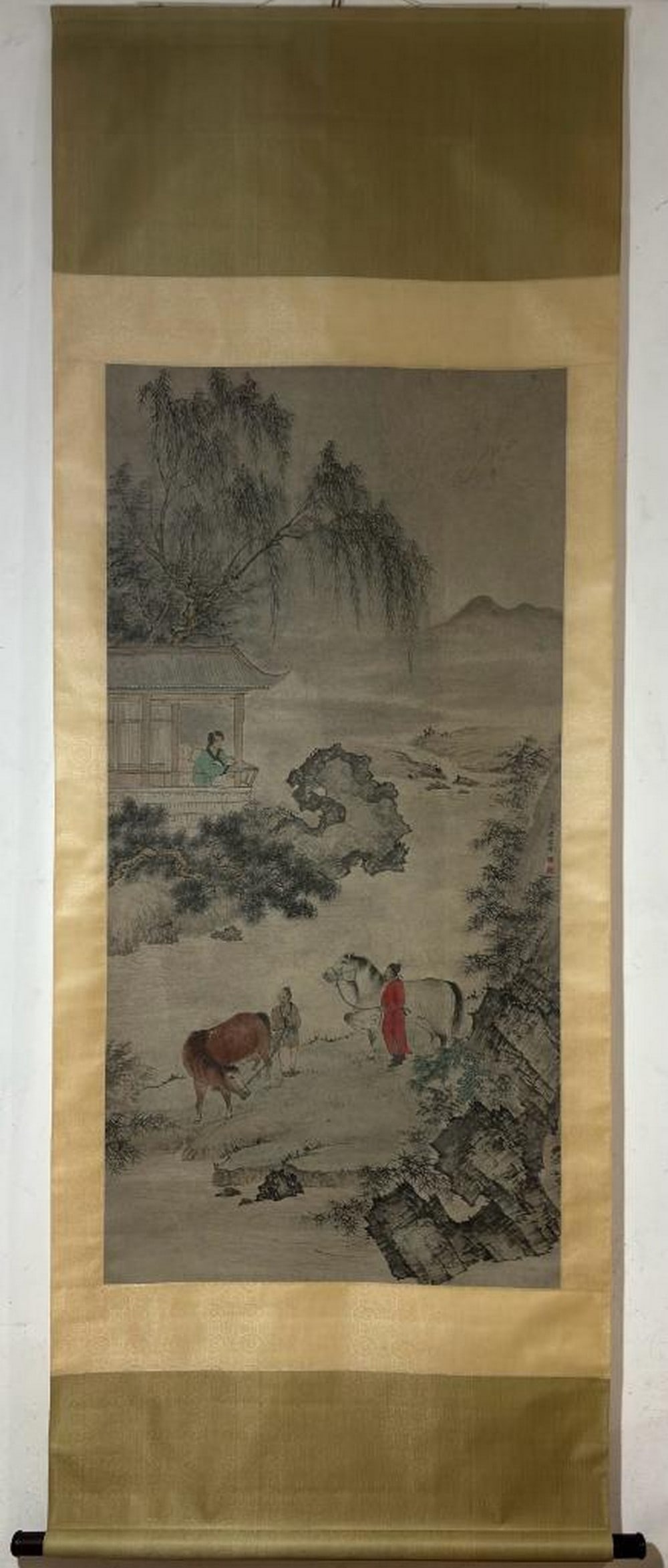Qing Dynasty Jin Tingbiao 'Figure and Horse' Painting Scroll: Qing Dynasty Jin Tingbiao 'Figure and Horse' Painting Scroll A finely executed painting scroll from the Qing Dynasty by the esteemed artist Jin Tingbiao, depicting a graceful figure alongside a majest