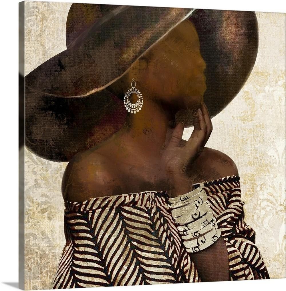 Woman in Hat' Canvas Print Wall Art: 'Woman in Hat' Canvas Print Wall Art This Woman in Hat canvas print by Tia Sanders presents a stylish portrait of a fashionable woman set against a soft, floral neutral background. The composition