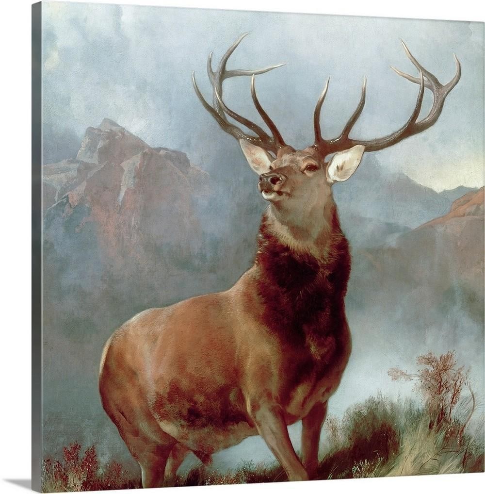 Monarch of the Glen - Stretched Canvas Print: Monarch of the Glen - Stretched Canvas Print Monarch of the Glen is a stretched canvas print featuring a majestic stag standing proudly in a mountainous landscape. This square composition captures