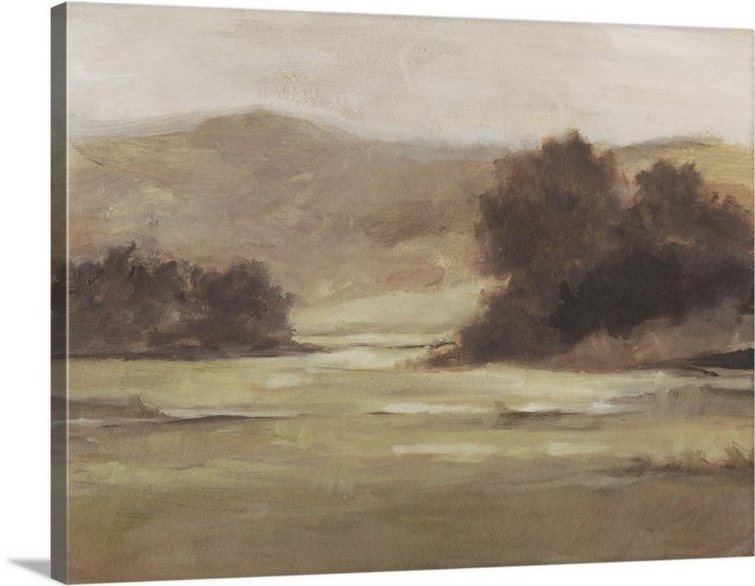 Radiant Horizon Landscape - Stretched Canvas Print by Ethan Harper: Radiant Horizon Landscape - Stretched Canvas Print by Ethan Harper This stretched canvas print by Ethan Harper features a landscape composition created using a painterly style that incorporates