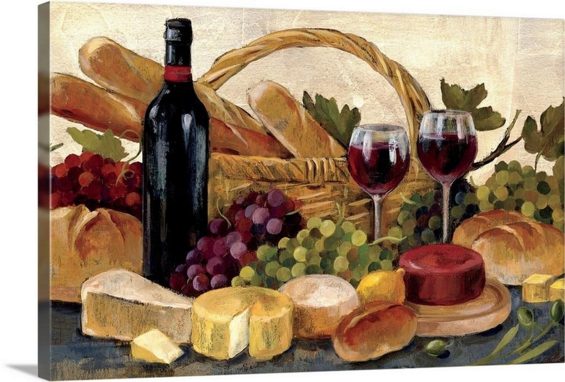 Tuscan Evening Wine - Stretched Canvas Print by Silvia Vassileva: Tuscan Evening Wine - Stretched Canvas Print by Silvia Vassileva Tuscan Evening Wine by Silvia Vassileva is a stretched canvas print featuring a still life composition of bread, cheese, wine, and
