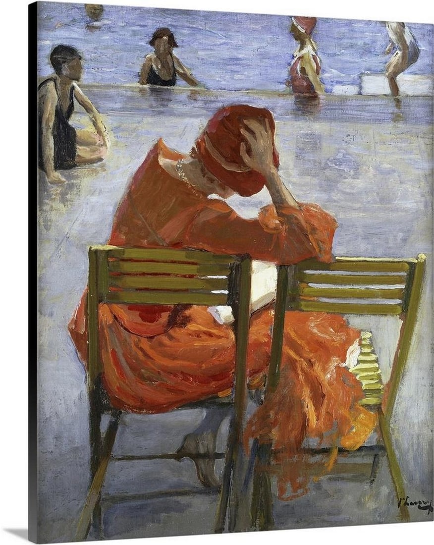 Girl in a Red Dress, Seated by a Swimming Pool, 1936 Canvas Reproduction - 20" ? 24": Girl in a Red Dress, Seated by a Swimming Pool, 1936 Canvas Reproduction - 20" ? 24" This elegant painting by Sir John Lavery portrays a tranquil scene of a young woman in a red dress seated
