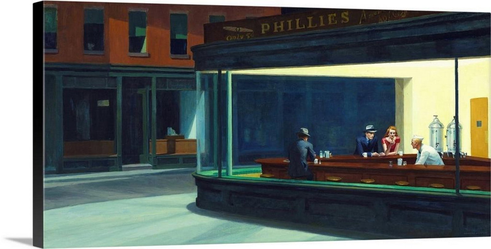 Nighthawks, 1942 Canvas Reproduction - 30" ? 15": Nighthawks, 1942 Canvas Reproduction - 30" ? 15" This iconic painting by Edward Hopper depicts two men and a woman sitting inside a diner bar, viewed from the street corner of New York City.