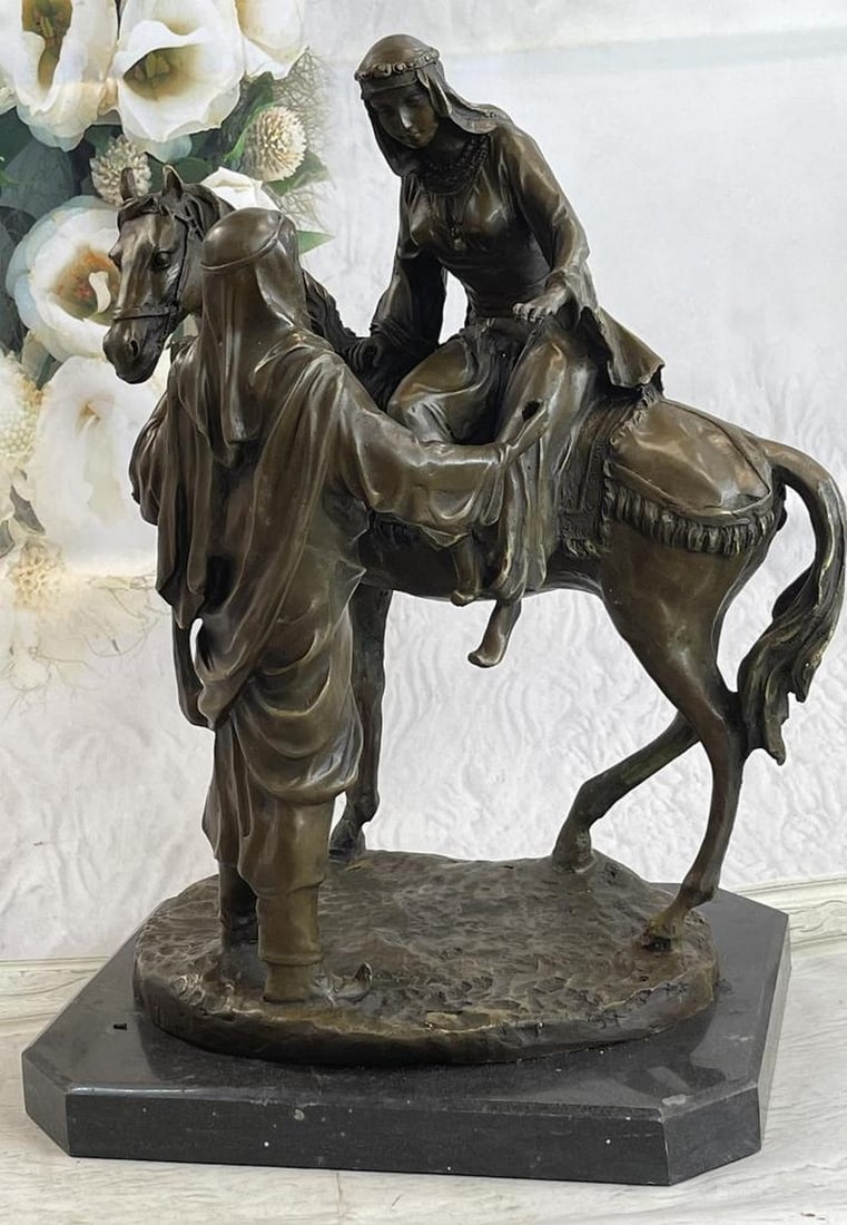 Arabian Couple Dismounting Horse Bronze Sculpture After Barye - 17" x 12" (1 of 6)