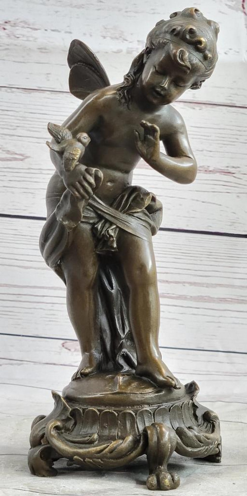 Moreau Inspired Nude Nymph Girl & Bird Bronze Sculpture On Marble Base - 9" x 4": Moreau Inspired Nude Nymph Girl & Bird Bronze Sculpture - 9" x 4" Daydreamers will fall in love with this daydreaming fairy. Filled with youthful curiosity, she wanders around the mystical for