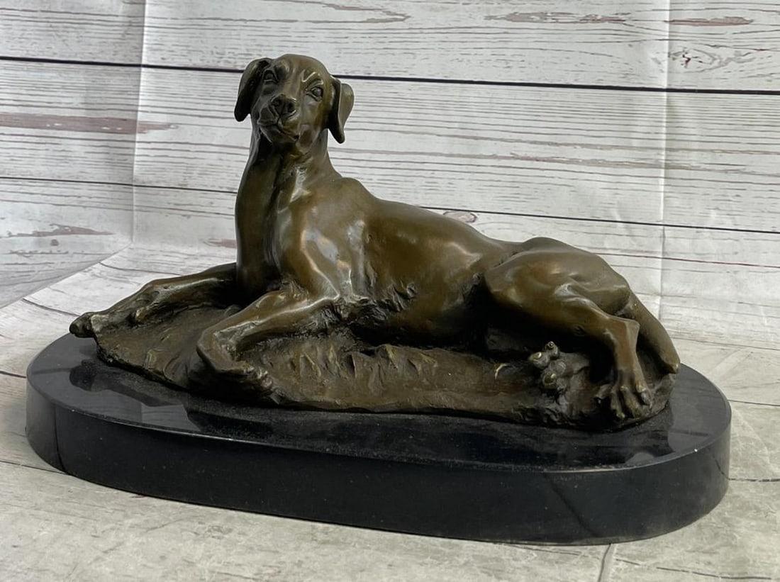 Barye Inspired Patient Dog Bronze Sculpture On Marble Base - 8" x 13": Barye Inspired Patient Dog Bronze Sculpture On Marble Base - 8" x 13" This Gracious Dog Lays Down And Soaks In The Weather. He Looks Up At The Sky Ever So Peacefully And He Waits For His Owner