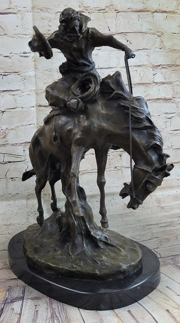 Western Cowboy Riding Bronco Inspired Bronze Statue - 19" x 15" (1 of 6)