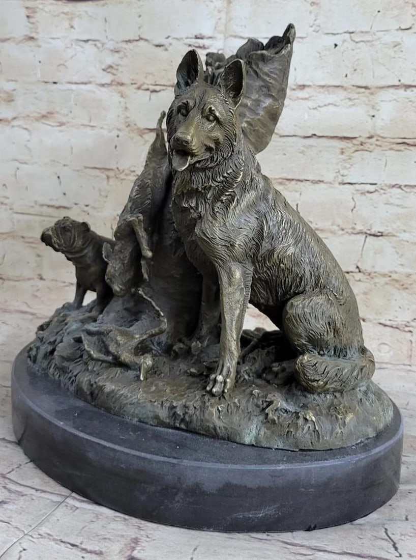 Signed Original Two Hunting Dogs Bronze Sculpture On Marble Base - 12" x 12": Signed Original Two Hunting Dogs Bronze Sculpture On Marble Base - 12" x 12" This intense piece features two hunting dogs, one is a bulldog and the other is a German Shepherd, sitting next to 