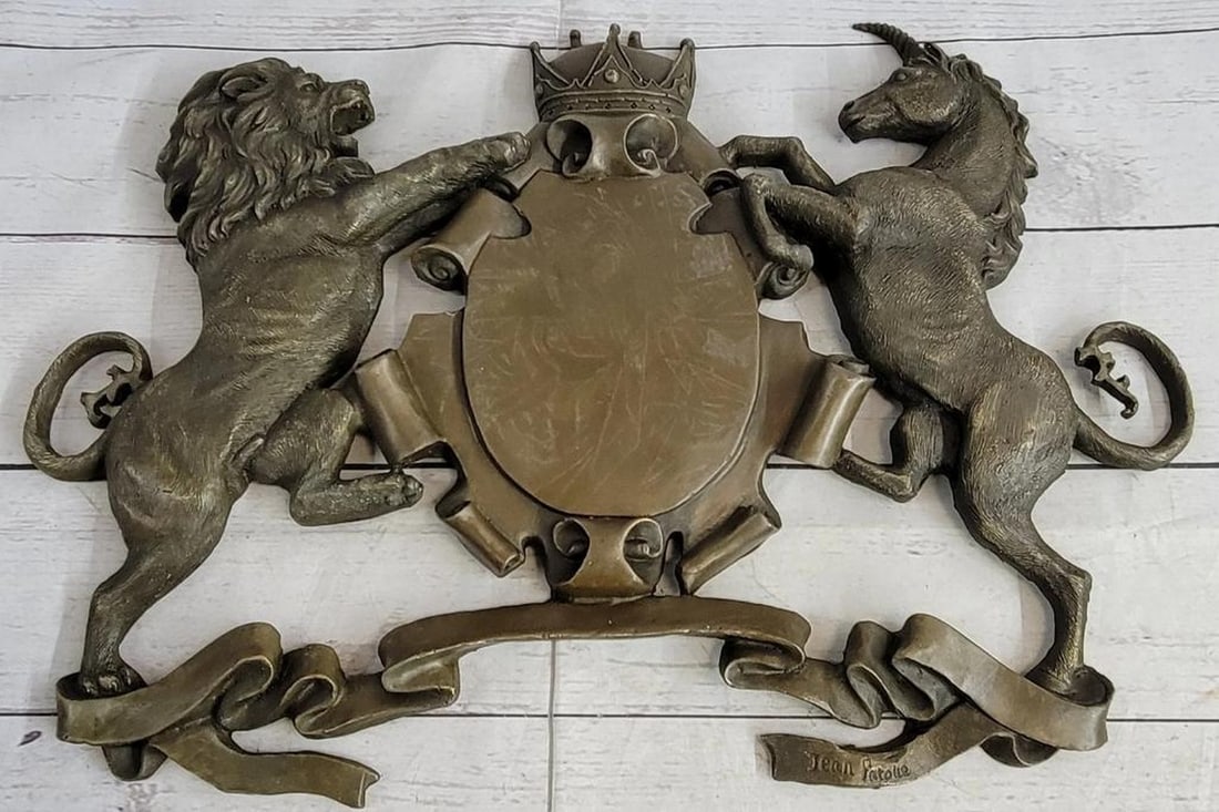 Coat of Arms Lion Unicorn Crown Shield Original Bronze Wall Plaque - 13" x 18": Coat of Arms Lion Unicorn Crown Shield Original Bronze Wall Plaque - 13" x 18" This remarkable bronze sculpture embodies strength and power, ideal for a family's traditional crest. Featuring a