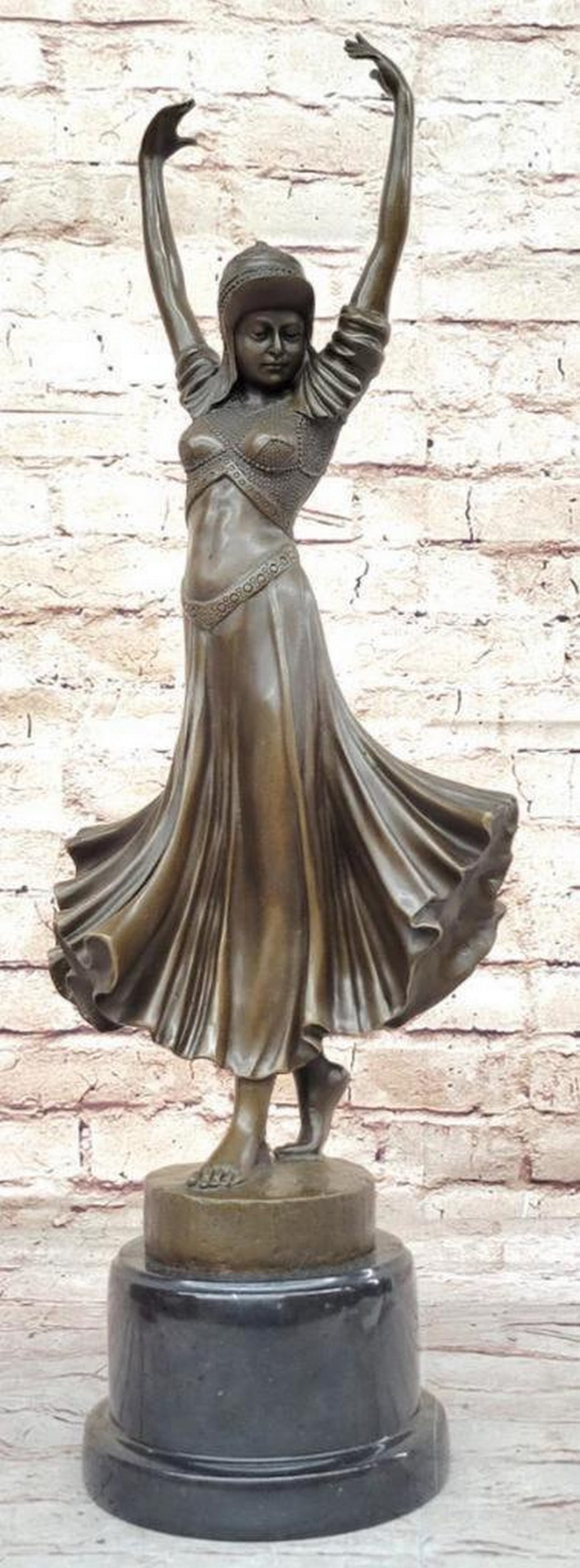 Deco Dance: Dimitri Chiparus' Bronze Gypsy Dancer Sculpture on Marble Base - 21.5" x 8": Deco Dance: Dimitri Chiparus' Bronze Gypsy Dancer Sculpture on Marble Base - 21.5" x 8" Explore the rhythmic elegance of Dimitri Chiparus' Art Deco Bronze Gypsy Dancer Sculpture, gracefully po