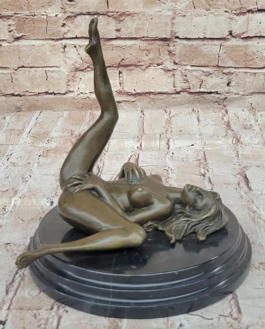 Erotic Exhibitionist Nude Exposed Female Original Bronze Statue - 7.5" x 7": Erotic Exhibitionist Nude Exposed Female Original Bronze Statue - 7.5" x 7" This mesmerizing bronze sculpture captures the allure of the female form, featuring a seductive figure reclining wit