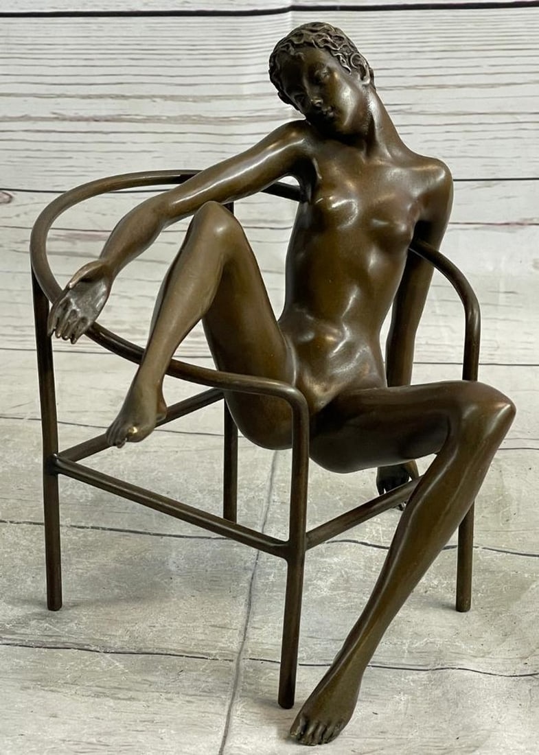Midcentury Erotic Original Bronze Statue - 8" x 10": Midcentury Erotic Original Bronze Statue - 8" x 10" Immerse yourself in the beauty of this bronze sculpture depicting a woman in serene slumber on a beech chair. Bathed in sunlight, her nude f