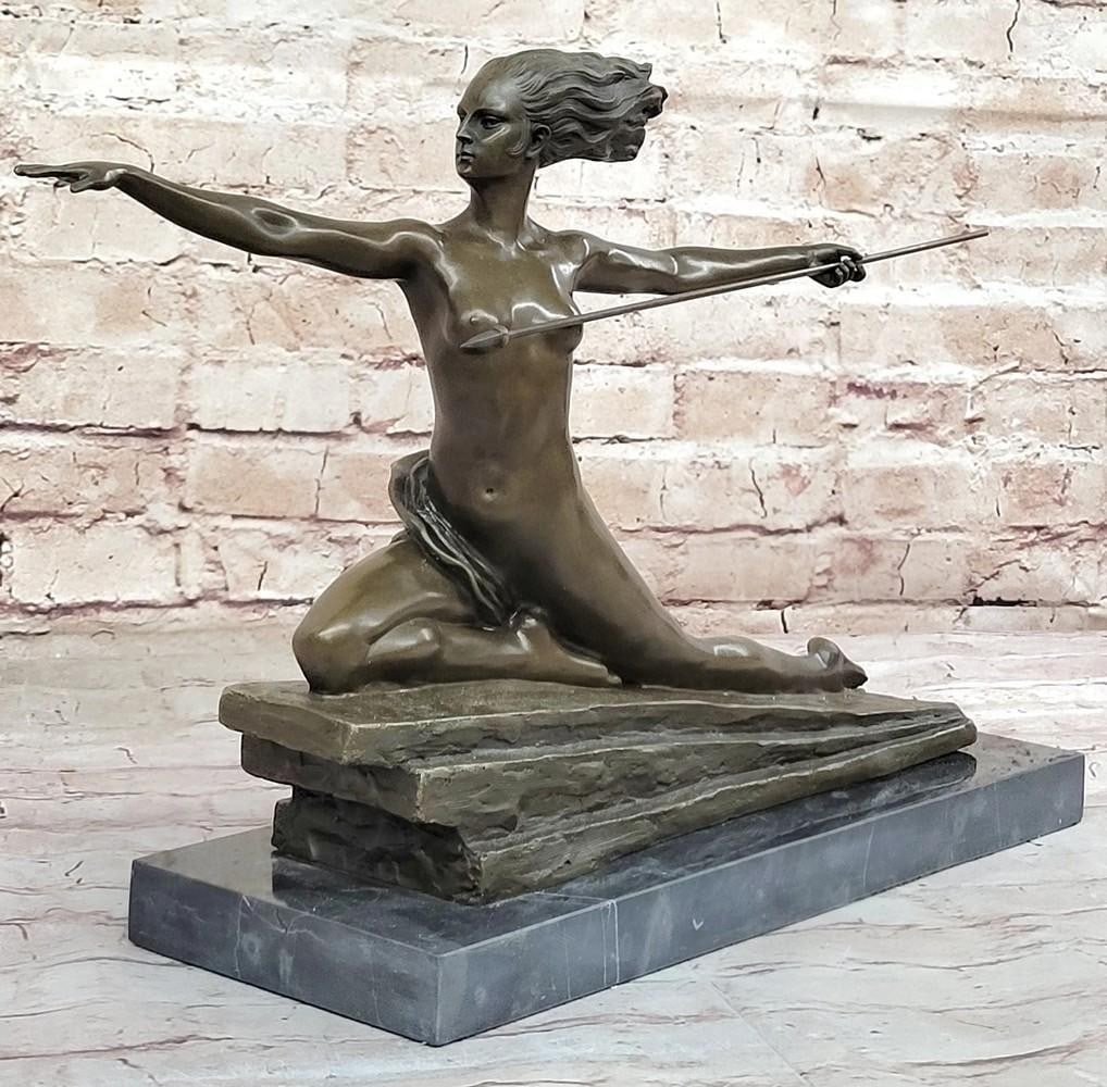 Nude Female Amazon Warrior Inspired Bronze Statue - 12" x 20": Nude Female Amazon Warrior Inspired Bronze Statue - 12" x 20" Marcel-Andre Bouraine, a French sculptor influenced by realism and mentored by Jean-Alexandre-Joseph Falguiere, made significant c
