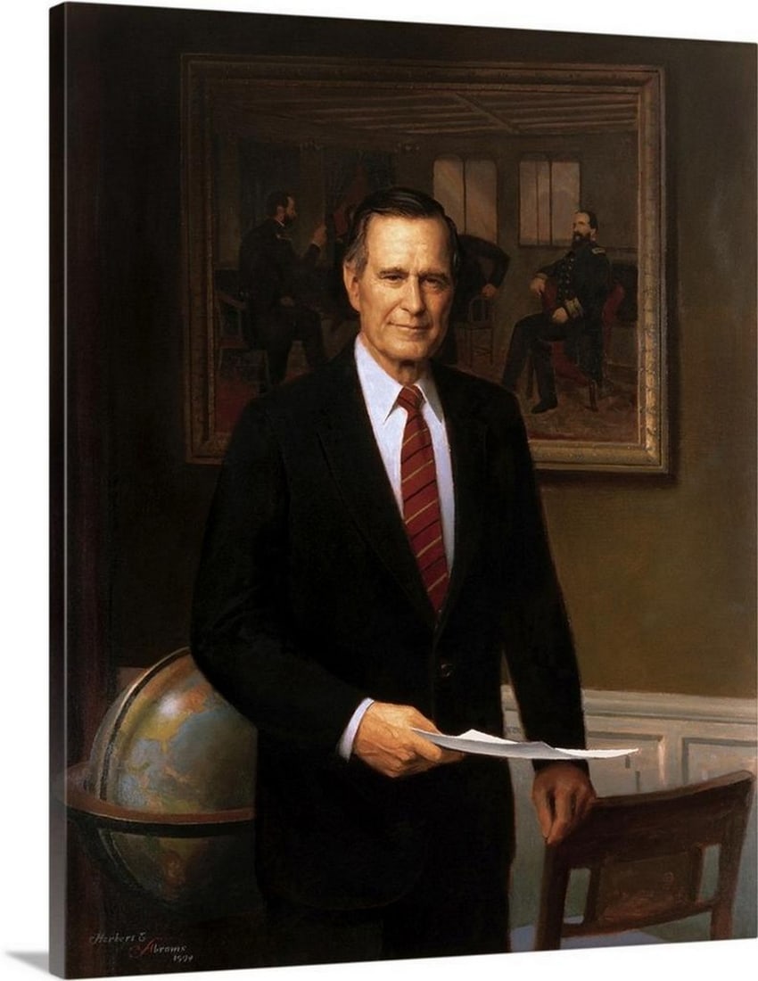 George H.W. Bush Canvas Reproduction - 20" ? 24": George H.W. Bush Canvas Reproduction - 20" ? 24" This canvas reproduction features a presidential portrait of George H.W. Bush, capturing the former U.S. President in a dignified and iconic po