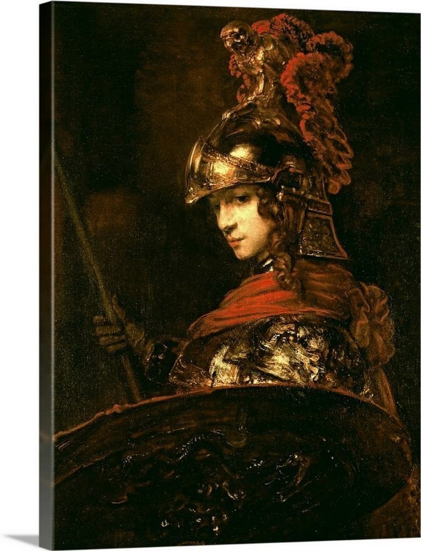 Pallas Athena, Armoured Figure Canvas Reproduction - 18" ? 24": Pallas Athena, Armoured Figure Canvas Reproduction - 18" ? 24" This canvas reproduction features Rembrandt van Rijn's 1664 - 65 painting Pallas Athena, or Armoured Figure, portraying the godde