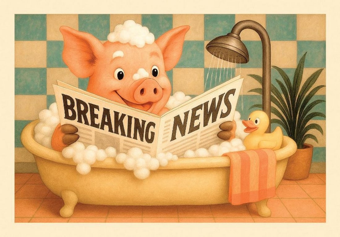 Bathtime News Print Poster: Bathtime News Print Poster A playful poster featuring a pink pig relaxing in a bubble bath while reading a newspaper with the headline "BREAKING NEWS." Illustrated in soft colors, this