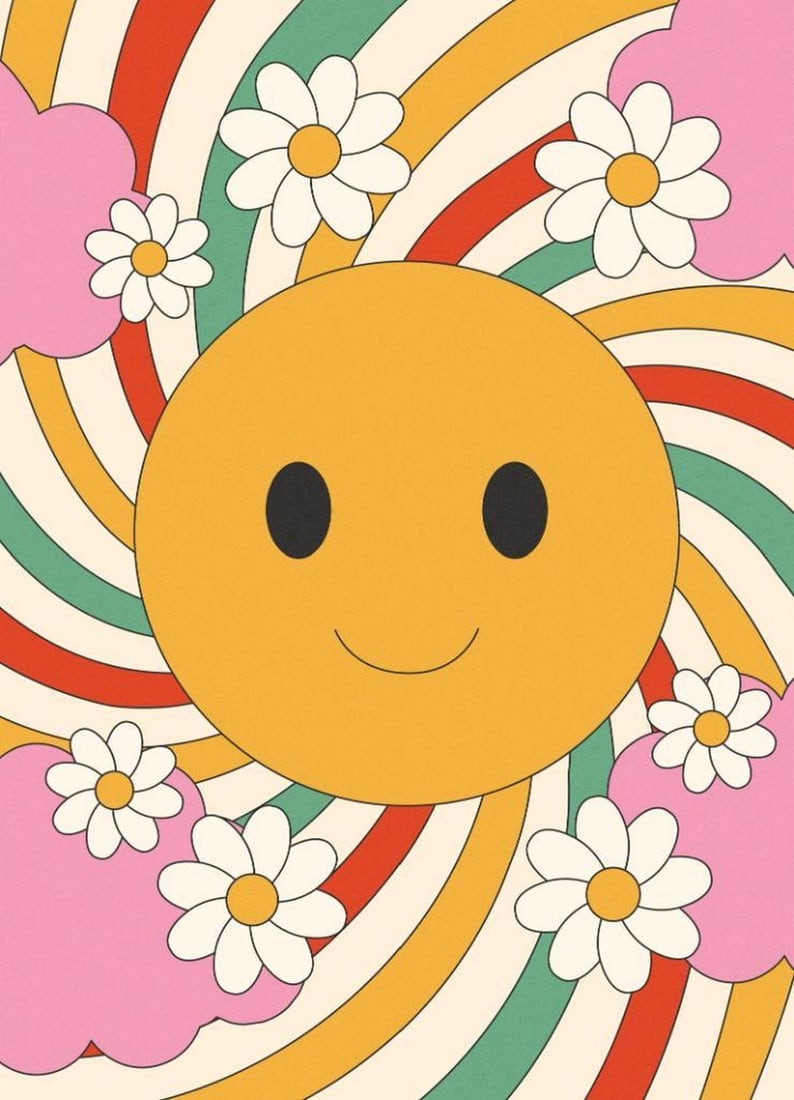 Smiley Daisies Print Poster: Smiley Daisies Print Poster A cheerful poster featuring a yellow smiley face surrounded by white daisies, set against a background of red, green, yellow, and cream waves. This vibrant and uplifting