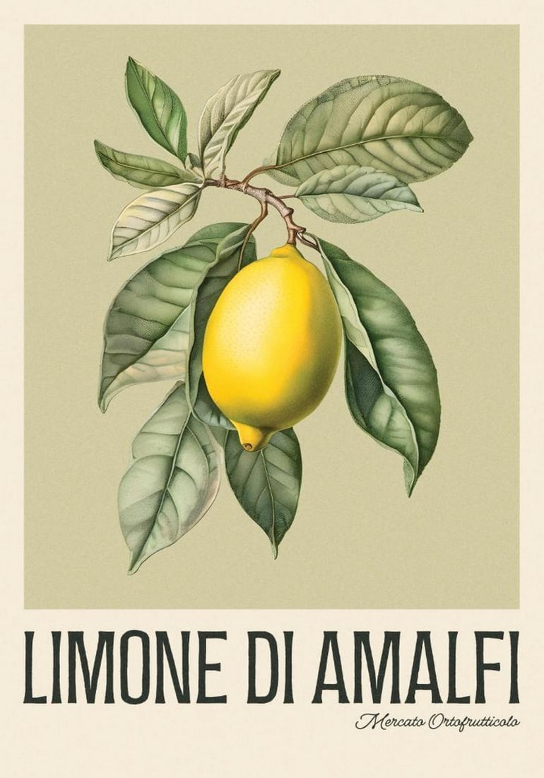Amalfi Lemon Print Poster: Amalfi Lemon Print Poster A vintage-style poster featuring a bright yellow lemon with green leaves. Bold "LIMONE DI AMALFI" text is set against a cream background, creating a classic and