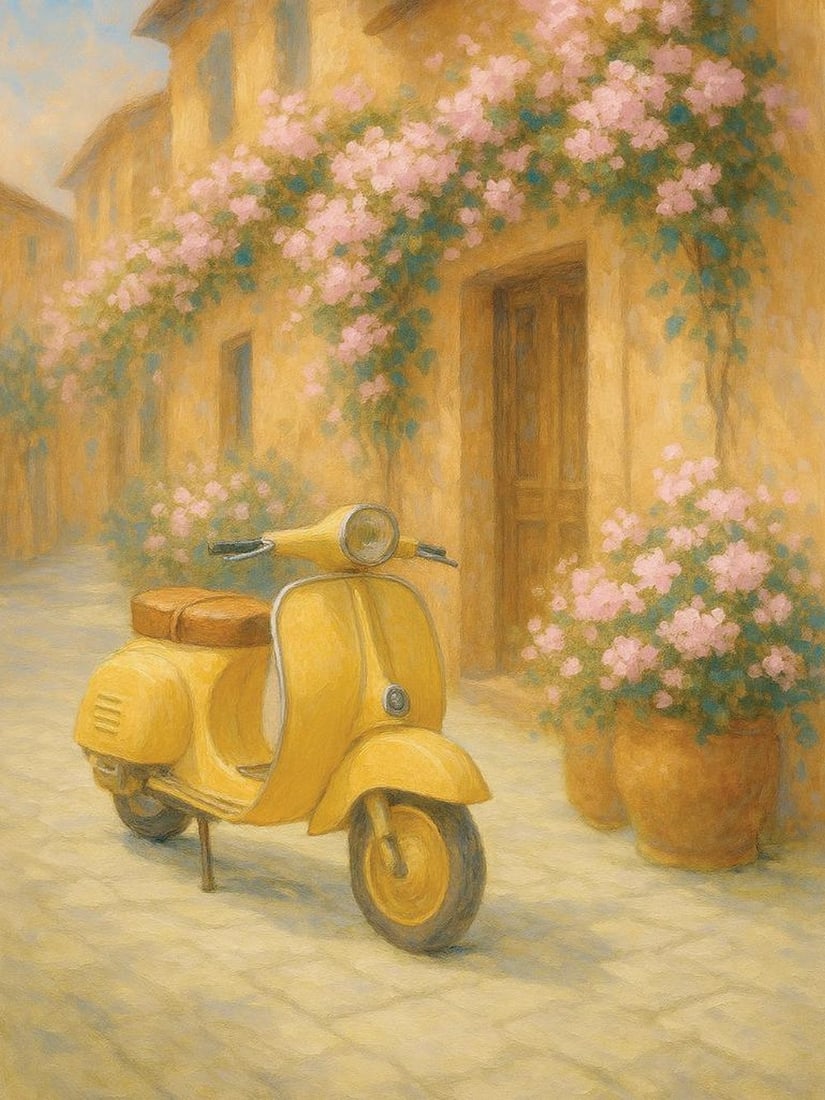 Italian Vespa Print Poster: Italian Vespa Print Poster A poster featuring a sunny yellow Vespa scooter on a cobblestone street, surrounded by warm-toned buildings and pink flowers. This charming design brings the feeling of an