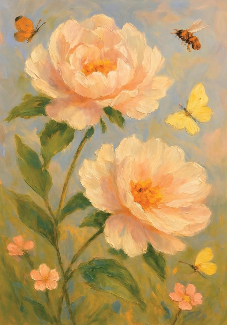 Butterfly Garden Print Poster: Butterfly Garden Print Poster A dreamy poster featuring pink flowers with yellow centers, surrounded by butterflies and bees on a soft blue-green background. This serene design makes a peaceful