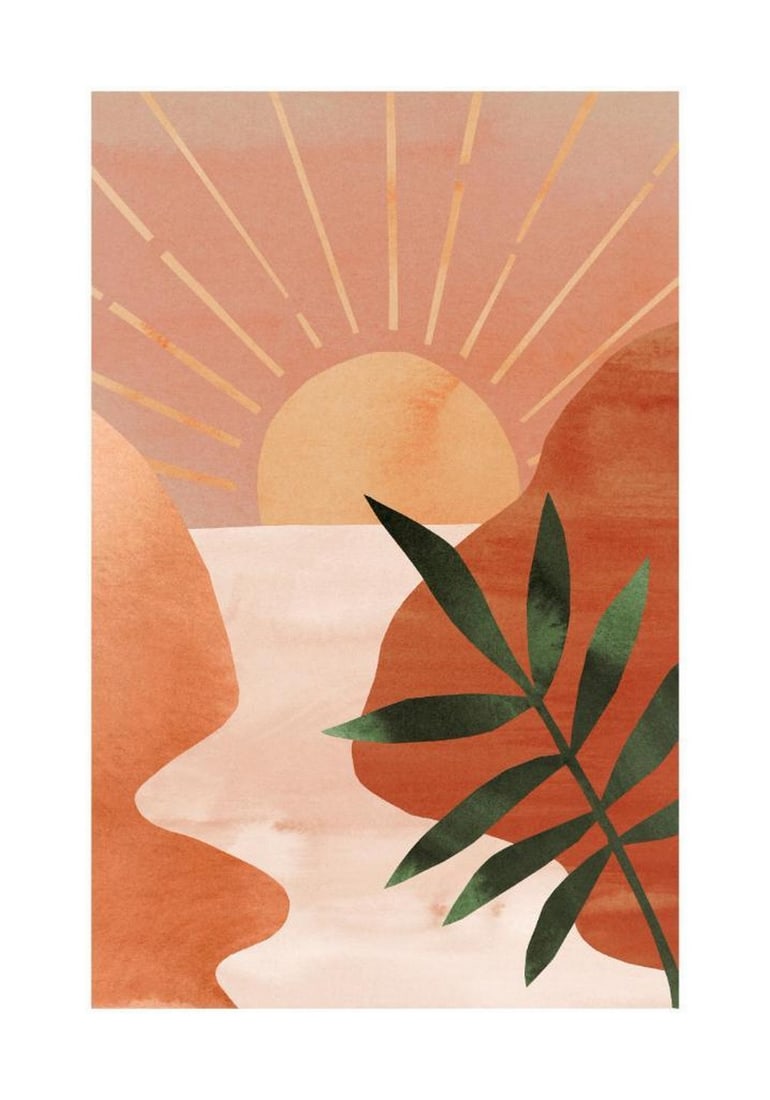 Golden Horizon Poster: Golden Horizon Poster An abstract print depicting a sunset in yellow and brown tones. The soft, neutral colors create a calming atmosphere, adding a serene touch to any room. The design includes a whi