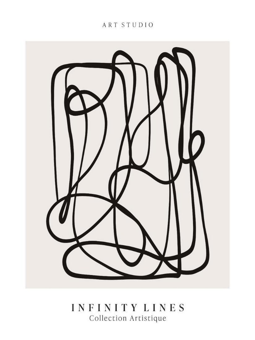 Swirling Lines Print Poster: Swirling Lines Print Poster An abstract poster featuring a swirling black line on a beige background, accented with text at the top and bottom. The combination of abstract design and typography adds