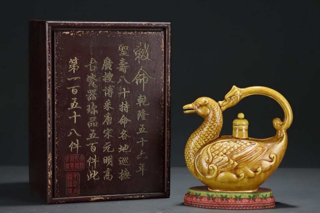 Old Collection Ming Dynasty Hongzhi Yellow Glaze Duck-Shaped Pot: Old Collection Ming Dynasty Hongzhi Yellow Glaze Duck-Shaped Pot An exceptional duck-shaped porcelain pot from the Hongzhi period of the Ming Dynasty, finished in a striking yellow glaze. The vessel i