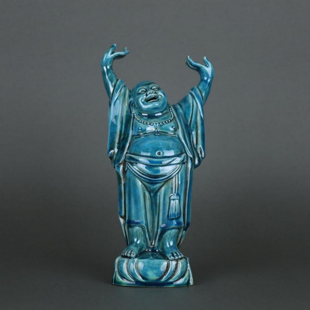 Late Qing Dynasty Mao Ji Sheng Mark Peacock Blue Glazed Happy Buddha Statue (1 of 7)
