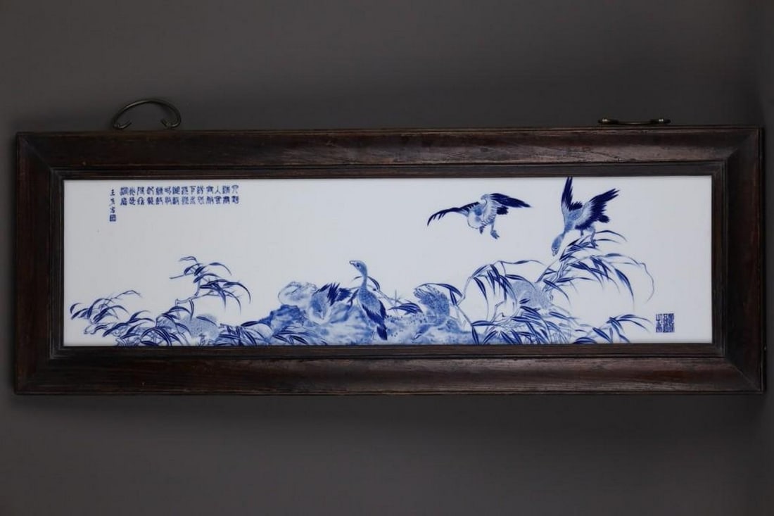 Republic of China Wang Bu Blue and White Reed Goose Pattern Porcelain Plaque: Republic of China Wang Bu Blue and White Reed Goose Pattern Porcelain Plaque A finely crafted porcelain plaque from the Republic of China period, attributed to the renowned artist Wang Bu. Decorated i