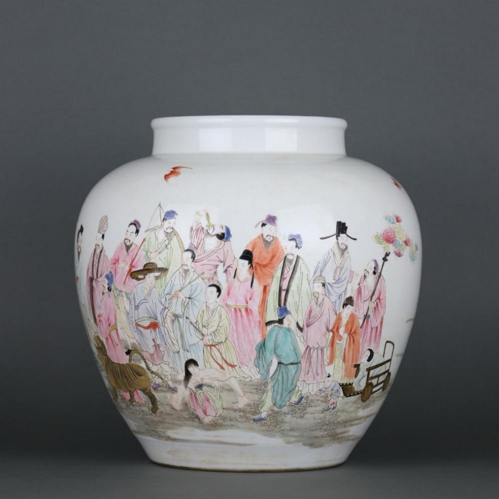 Qing Dynasty Yongzheng Famille Rose Immortal Figure Jar: Qing Dynasty Yongzheng Famille Rose Immortal Figure Jar A finely crafted porcelain jar from the Yongzheng period of the Qing Dynasty, beautifully decorated in the vibrant famille rose palette. The sur