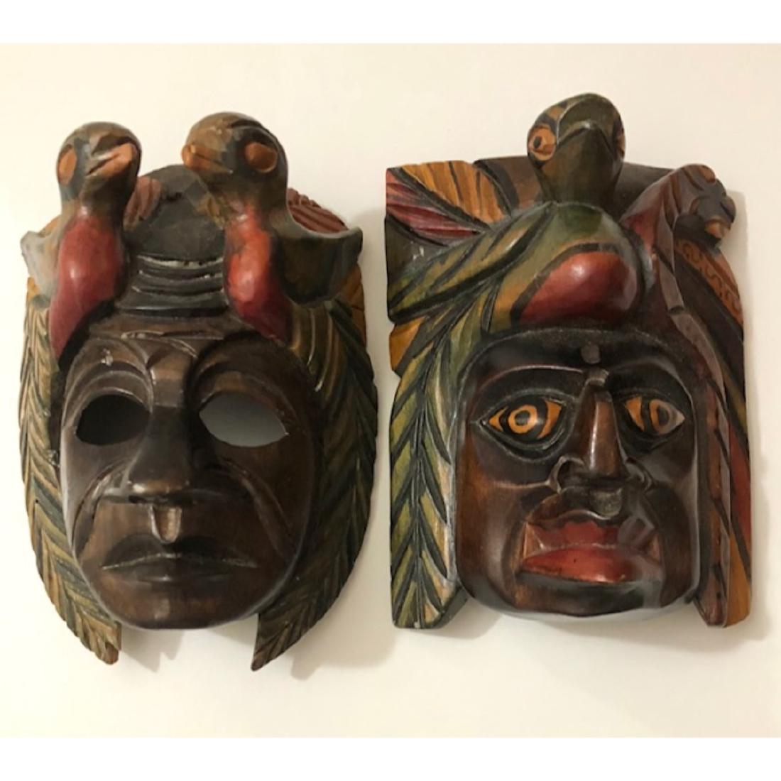 Lot of 2 Hand Carved & Painted Solid Wood Tribal Masks (1 of 1)
