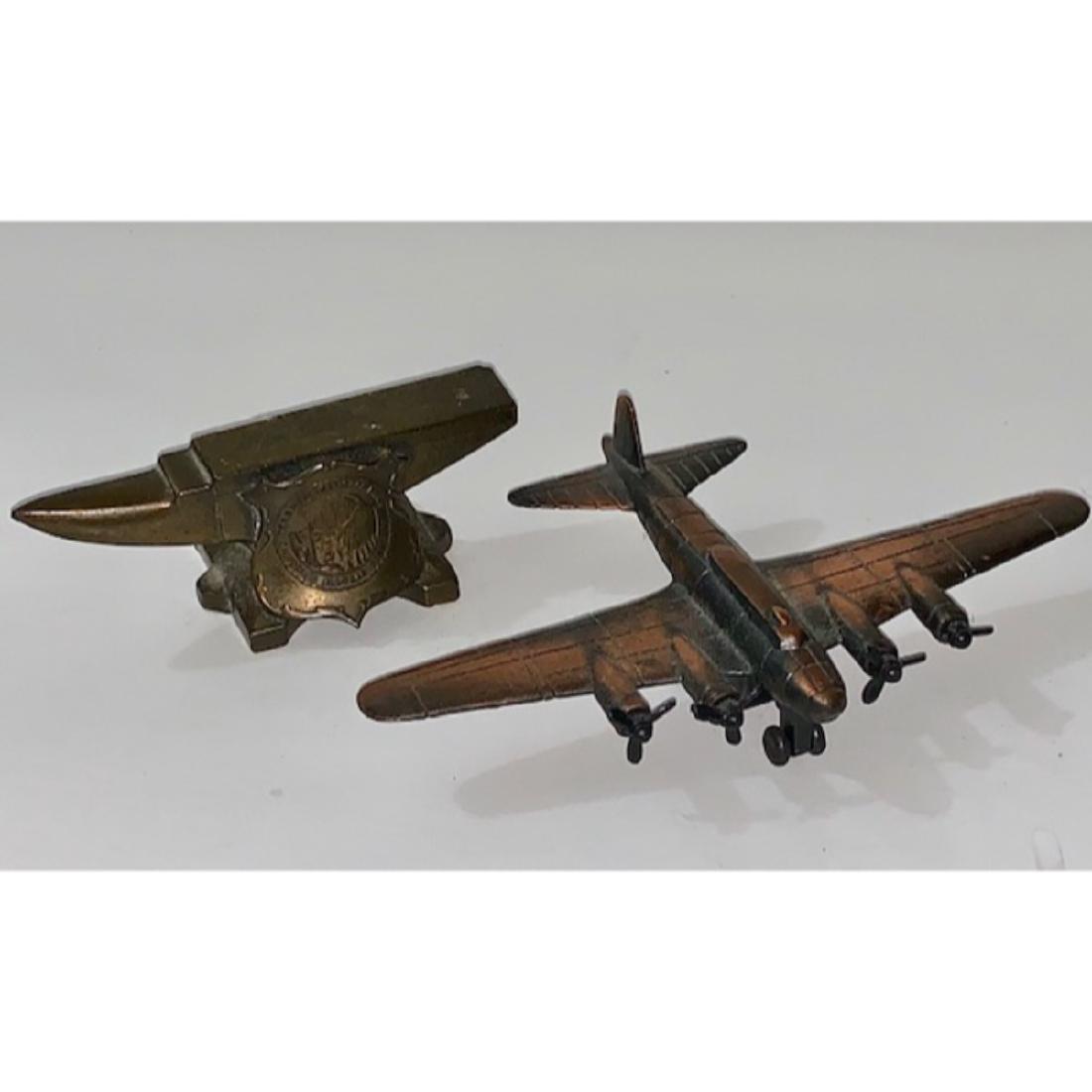 Lot of 2 Old Copper Airplane & Bronze Anvil Figural (1 of 1)