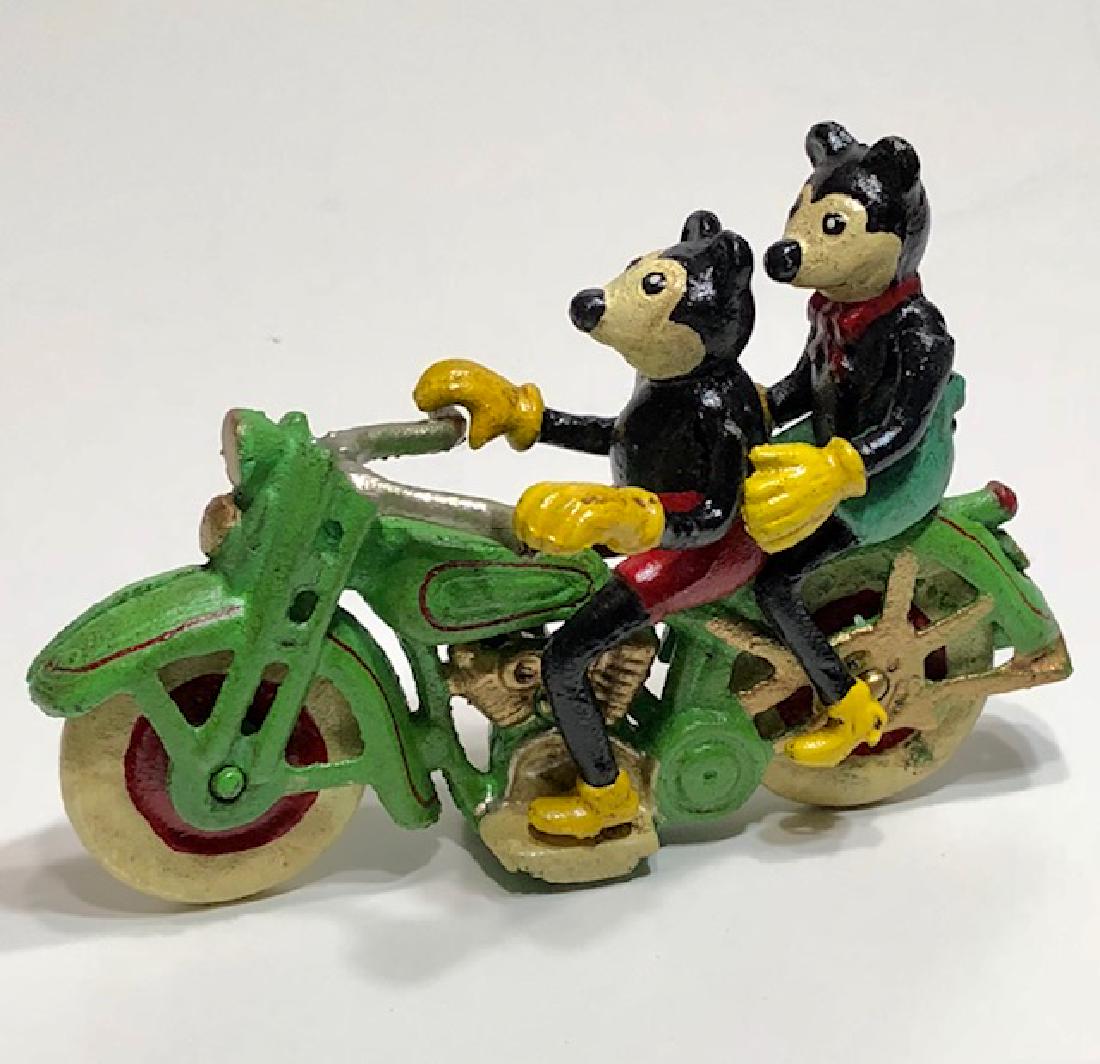 Vintage Mickey & Minnie Mouse Riding a Motorcycle: Cast Iron Toy- Great Piece - See all Photos