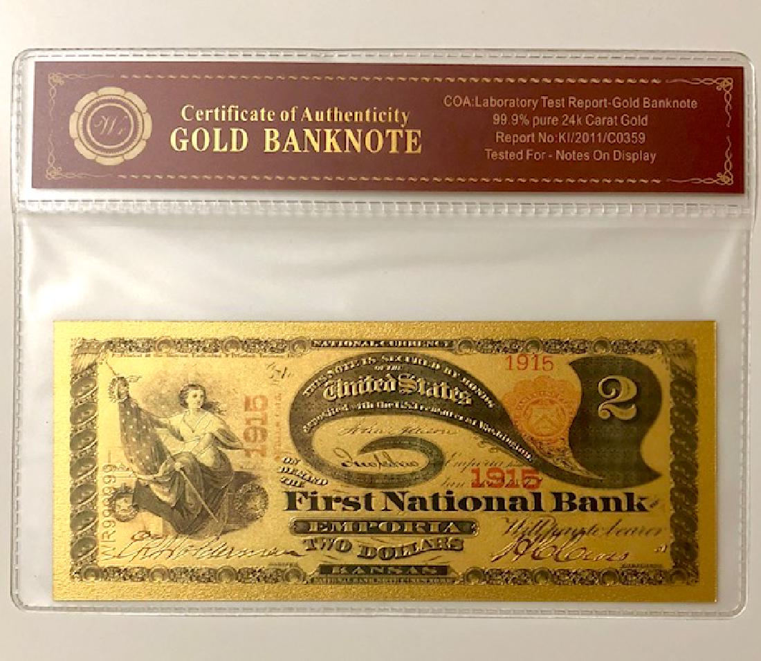 1875 First National Bank of Emporia $2 Banknote: 24k Gold Foil - Lab Tested for Bank Notes on Display â€“ These are Not Period Original â€“ Sold as a Collectible Novelty