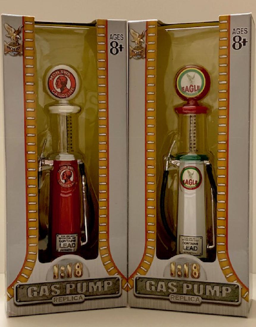 Die-Cast Antique Visible Gas Pumps by YAT-MING Toys: Lot of 2 - EAGLE & MOHAWK Gasoline Service Station Gas Pumps â€“ Mint in Sealed Boxes