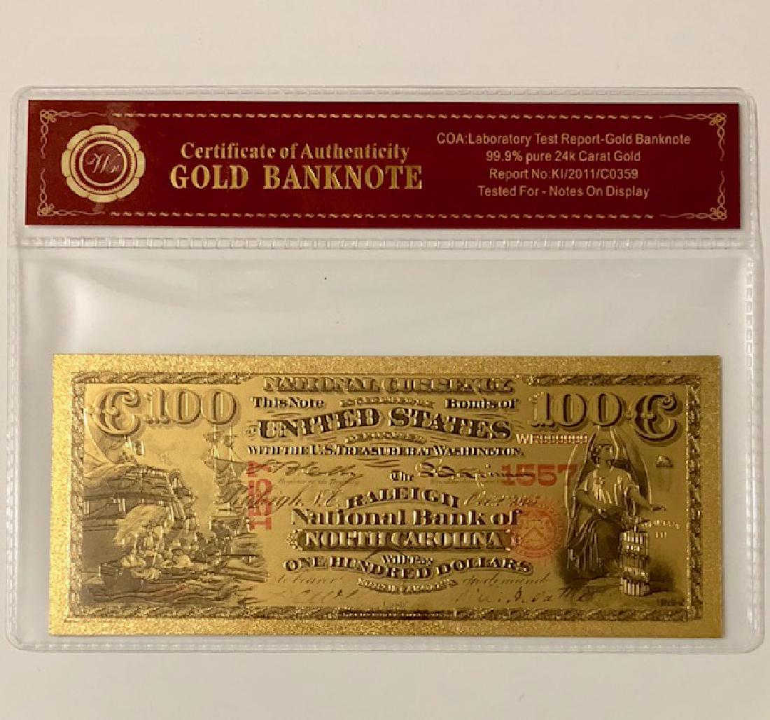 First National Bank of North Carolina $100 Banknote: 1875 Edition - 24k Gold Foil - Lab Tested for Bank Notes on Display - These are Not Period Original â€“ Sold as a Collectible Novelty