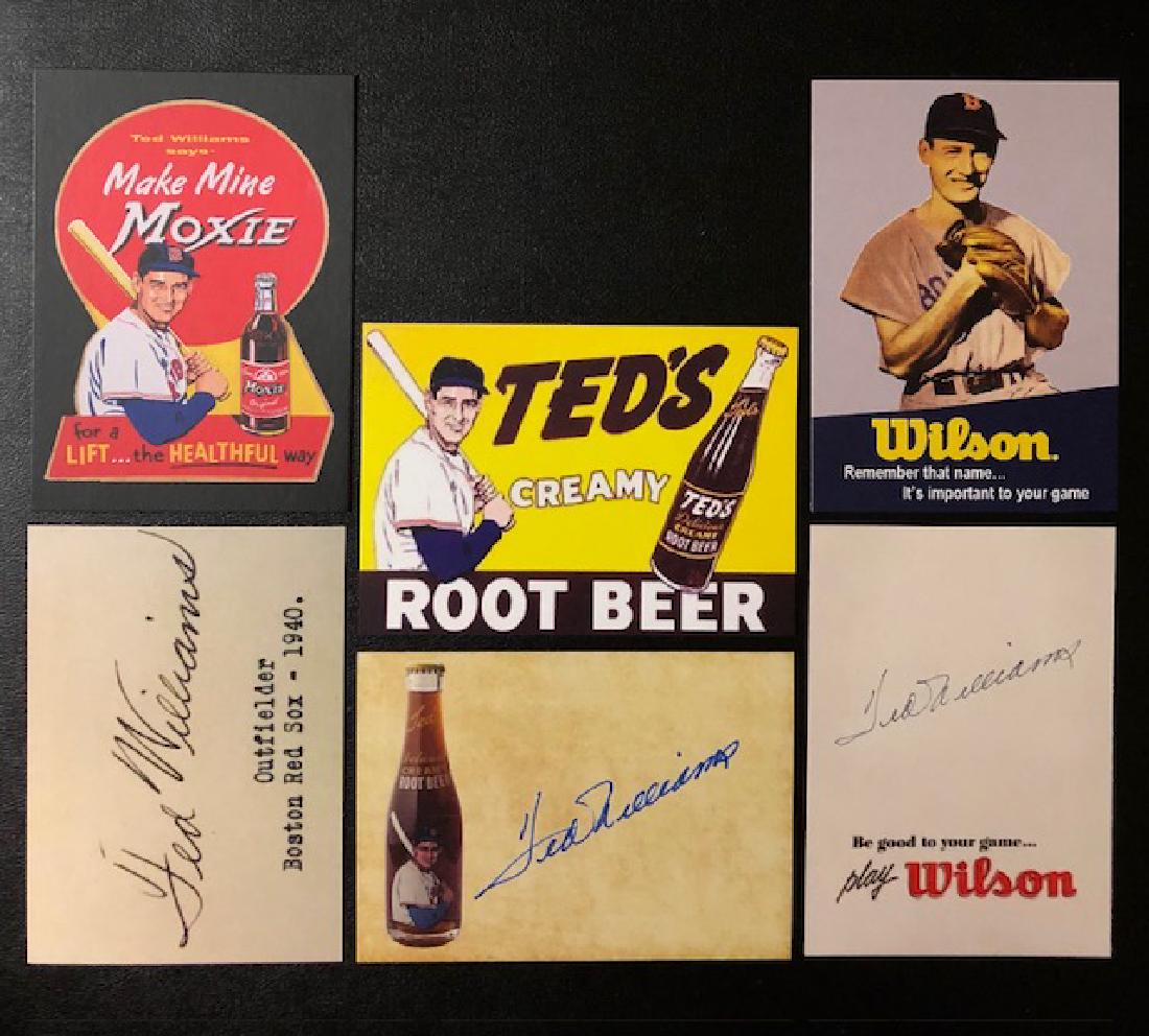 Lot of 3 TED WILLIAMS Advertising Baseball Cards: Moxie Soda, Tedâ€™s Creamy Root Beer & Wilson Baseball Gloves - Print Date Not Known â€“ Sold as Novelty Cards