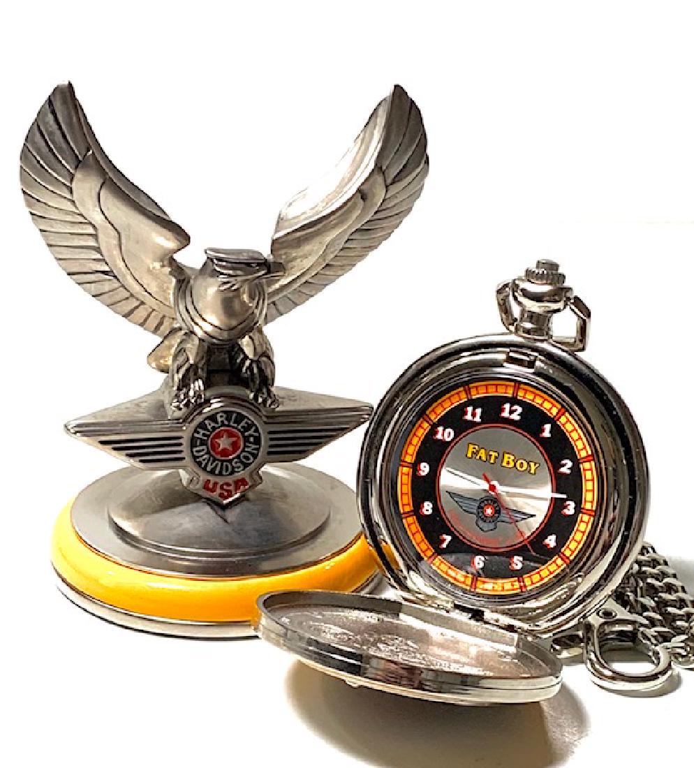 Genuine HARLEY-DAVIDSON Pocket Watch Stand & Chain: FATBOYâ€“ Great Piece - Must See all Photos to Appreciate