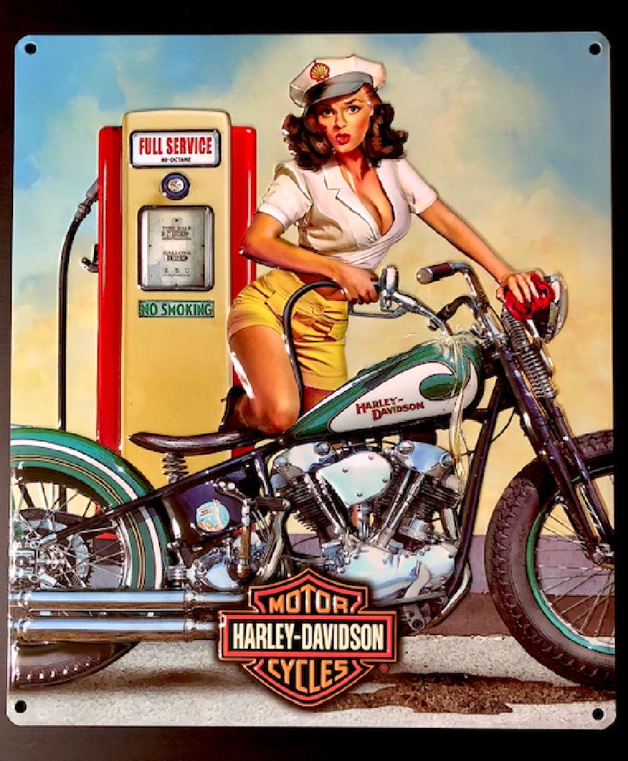 HARLEY DAVIDSON Embossed Metal Advertising Sign: Designed by ANDE ROONEY - Officially Licensed by HARLEY-DAVIDSON - Approximately 16 X 13