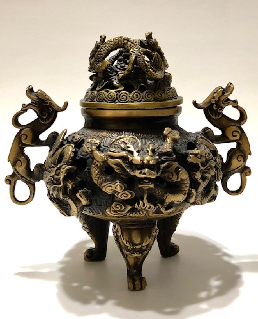 Chinese Hallmark Solid Bronze Dragons Temple Censor (1 of 5)